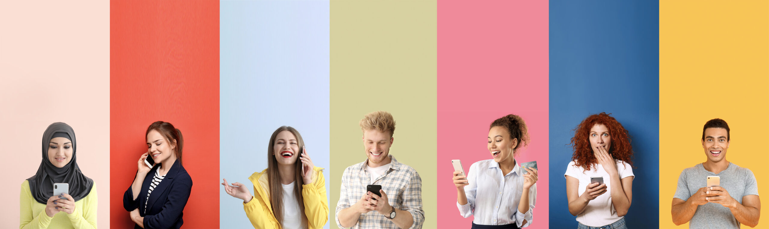 Collage of photos with different emotional people using mobile phones 