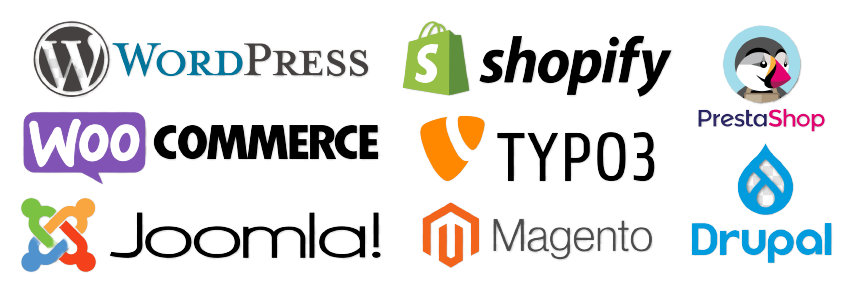 Set of CMS systems icons. WordPress, Shopify, WooCommerce, PrestaShop, Magento, Joomla, Drupal TYPO3 Vector icons isolated on transparent background. Mariia - stock.adobe.com